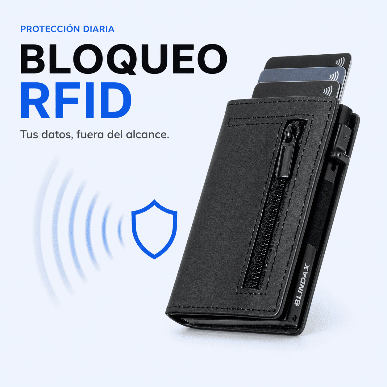 Escudo de bloqueo RFID protegiendo las tarjetas del tarjetero BLINDAX